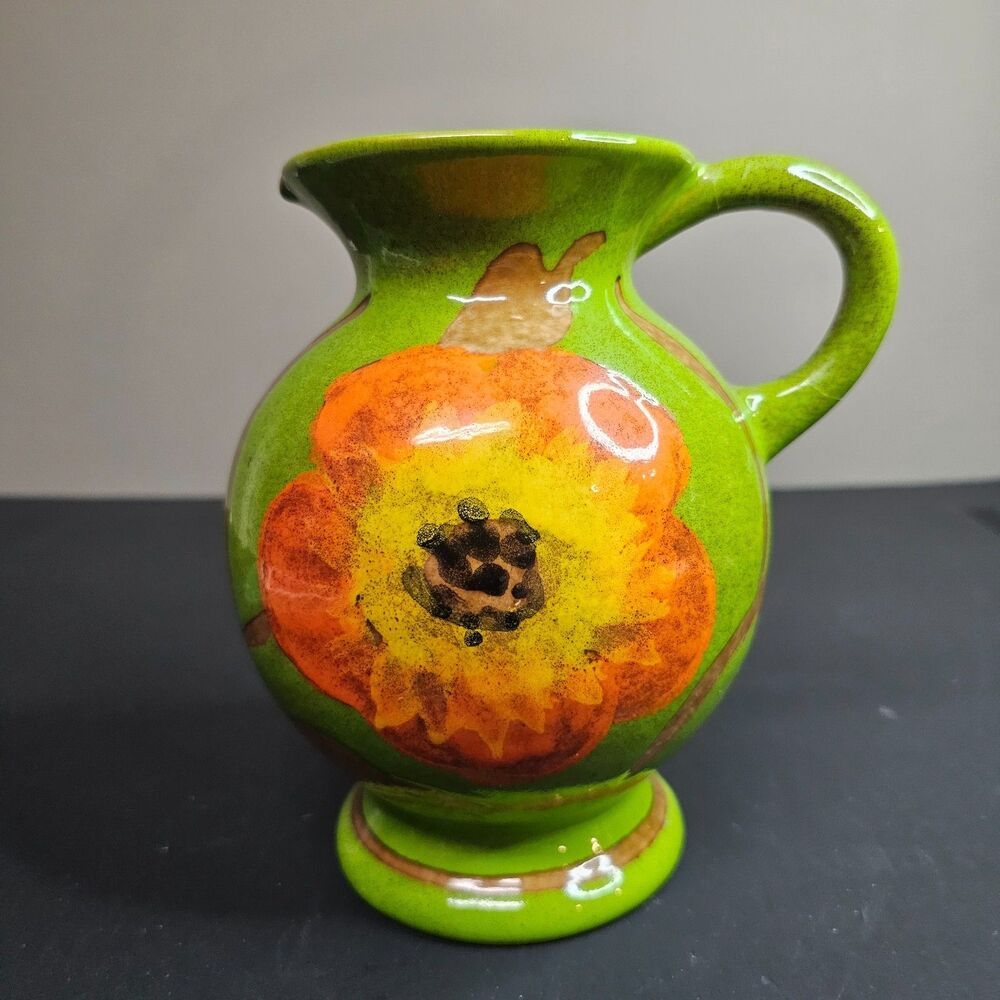 Vtg Rosenthal Netter Italy MCM 1960s Terra Cotta Green Floral Pitcher Handmade